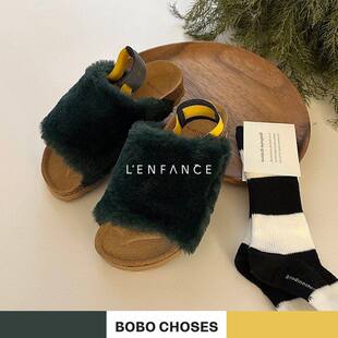 5折■LENFANCE 现货 Bobo Choses 24AW 儿童小众复古露趾毛毛拖鞋