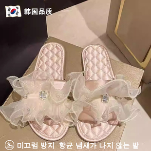 地板防滑绸面新娘伴娘一字托鞋 韩国ins风网纱蝴蝶结女士棉麻拖鞋