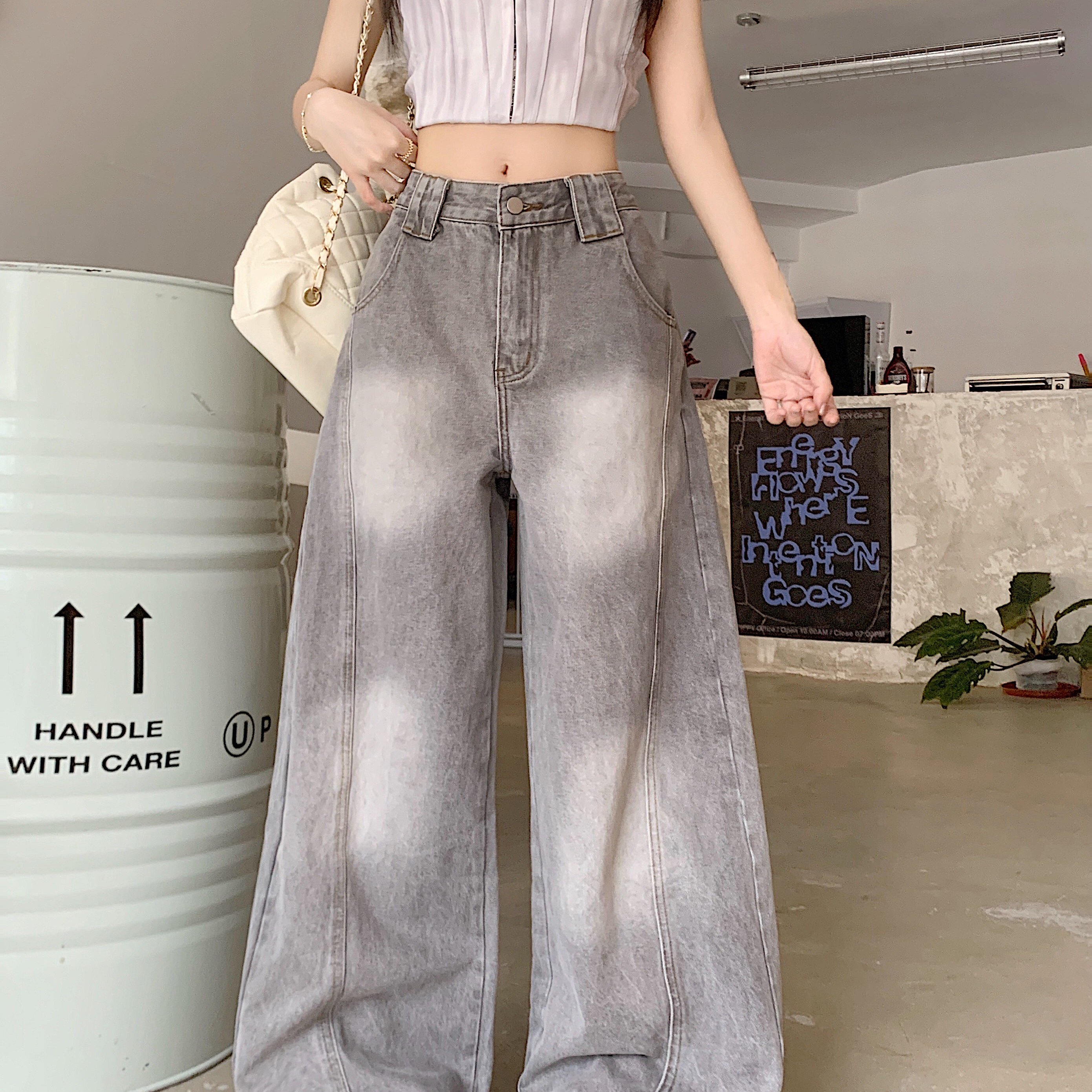 复古灰色弯刀牛仔裤女