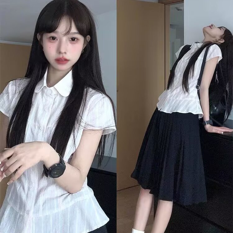 2025超火夏装学院风粉色条纹短袖衬衫套装女夏小个子半身裙两件套