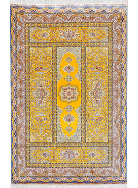 天匠手工真丝地毯黄色波斯地毯高端家用卧室书房地毯180x270cm