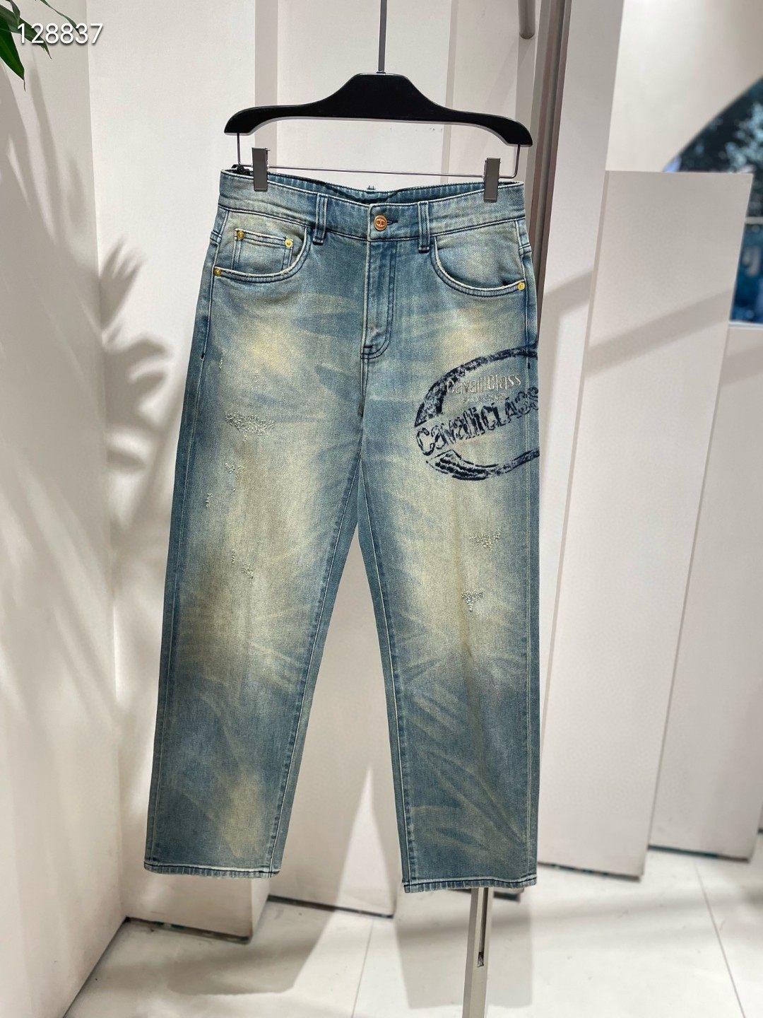 25春夏新款 Cavalli CLASS男装字母刺绣蓝色直筒牛仔裤 阔腿裤