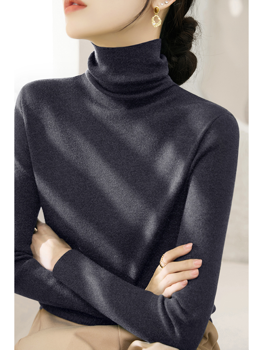 2025春季新款高底灰堆领毛衣修身内层衬衫女式长袖针织上衣