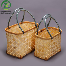 2019纯手工竹编蔬果篮手提篮j家居购物篮蔬菜篮收纳筐两件套