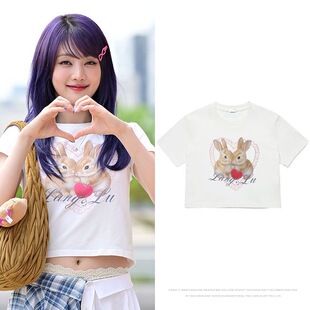 IDLE金米妮Minnie快闪穿搭衣服同款短袖T恤修身印花内搭短款上衣