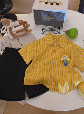 儿童衬衫夏季新款韩版撞色玩偶条纹衬衫套装薄款休闲风男女童短袖