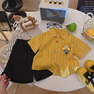 儿童衬衫夏季新款韩版撞色玩偶条纹衬衫套装薄款休闲风男女童短袖