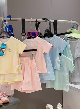 儿童衣服夏季速干运动套装男女童凉感短袖短裤两件套运动套装涤纶