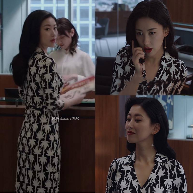 精英律师朱珠栗娜同款连衣裙春黑白印花d*f裹身裙女中