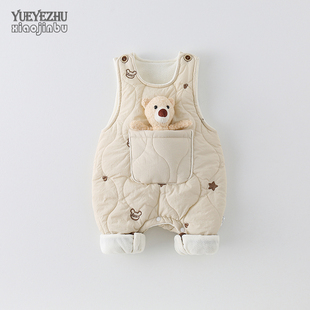 婴儿秋冬加绒加厚背带裤宝宝冬装卡通可爱加棉保暖连身裤连体长裤
