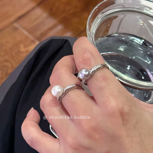 极光灰色澳白色单颗珍珠开口戒指女可调节时尚个性精致中指食指