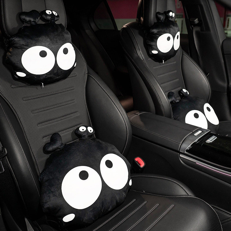 黑色煤球汽车头枕护颈枕头可爱卡通靠枕车内靠垫腰靠腰垫车载颈枕