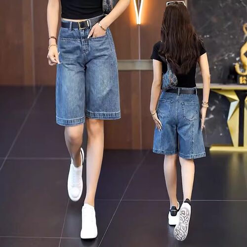 宽松显瘦薄款五分牛仔短裤女士2025新款夏季高腰显瘦a字阔腿裤子