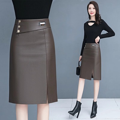 开叉皮裙半身裙女2024春秋冬