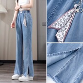 女宽松直筒裤 松紧腰长裤 夏季 软冰丝喇叭裤 薄款 开叉微喇天丝牛仔裤