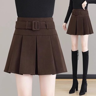 高腰毛呢短裙半身裙女2025春秋新款高腰小个子a字洋气伞裙百褶裙