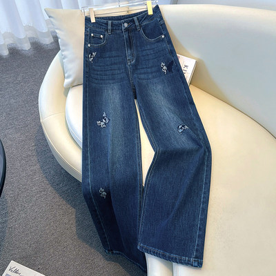 蓝色蝴蝶刺绣洗水阔腿牛仔裤女秋季2026新款设计感高腰垂感直筒裤