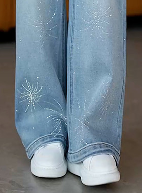 浅蓝色烫钻阔腿牛仔裤女2026新款春夏季高腰宽松显瘦大码直筒裤子