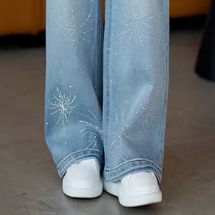 直筒裤 浅蓝色烫钻阔腿牛仔裤 高腰宽松显瘦大码 春夏季 子 女2026新款