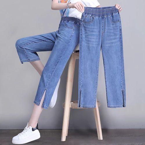 夏季七分牛仔裤女松紧高腰2026新款直筒裤子宽松大码女装休闲薄款