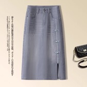 国风盘扣灰色高腰半身裙女2025春夏新款 百搭中长裙侧开叉裙子 时尚