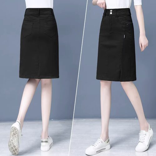 高腰牛仔半身裙女春夏黑色显瘦中长款a字开叉包臀小个子软牛仔裙