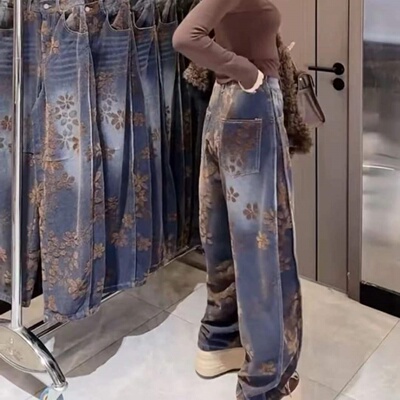 大码加绒重工刺绣牛仔裤女秋冬胖mm显瘦设计感宽松时尚直筒阔腿裤