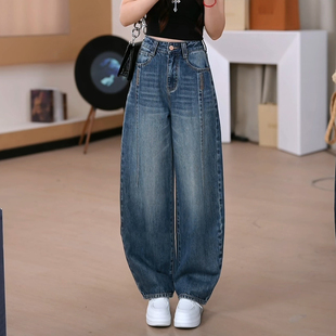 拼接阔腿弯刀牛仔裤女2025年春秋季新款高腰显瘦垂感镰刀直筒裤子