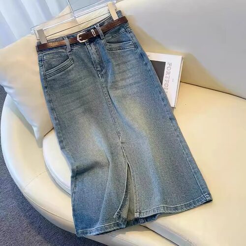高档前开叉牛仔直筒裙女秋季新款高腰显瘦浅蓝色复古百搭半身裙