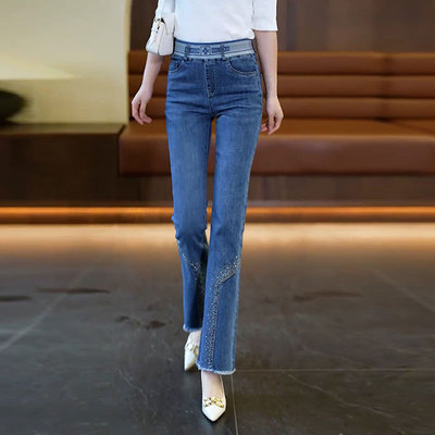 微喇牛仔裤女春秋季2025新款松紧高腰显瘦直筒裤小个子休闲喇叭裤