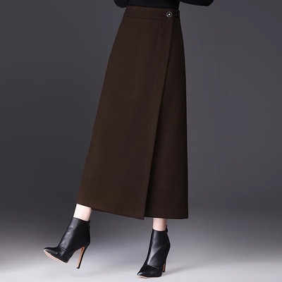毛呢半身裙女春秋新款气质长裙一片式中长款直筒开叉包臀长裙垂感