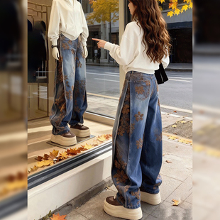 复古提花加绒加厚牛仔裤女冬季2025年新款大码梨形身材直筒阔腿裤