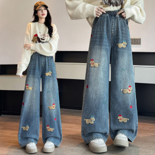 200斤胖mm 垂感宽松显瘦大码 秋松紧高腰刺绣牛仔长裤 直筒阔腿女裤