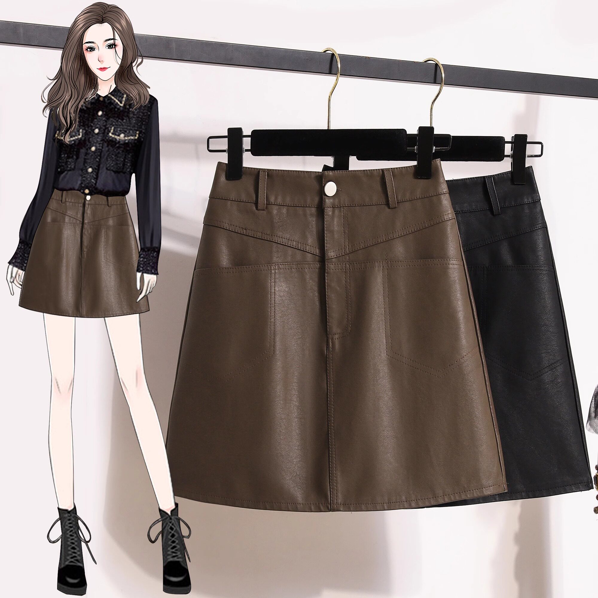 咖色皮裙半身裙女a字春秋款2025新款黑色PU皮短裙棕色高腰包臀裙