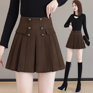 黑色排扣毛呢百褶半身裙女2025春秋新款复古高腰防走光a字短裙ins