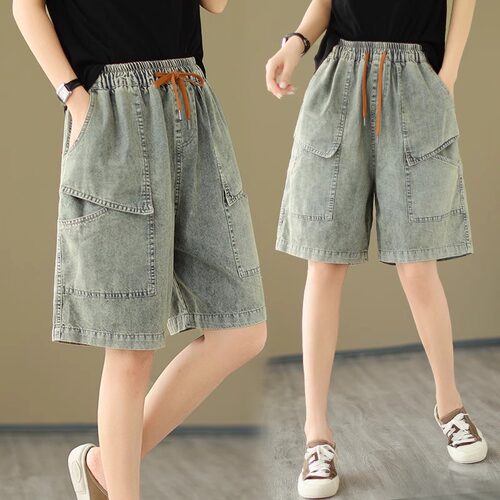 大码女装牛仔短裤夏季松紧腰