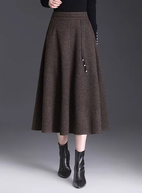 加厚毛呢半身裙女春秋2025新款高腰显瘦中长款大摆a字裙长裙垂感