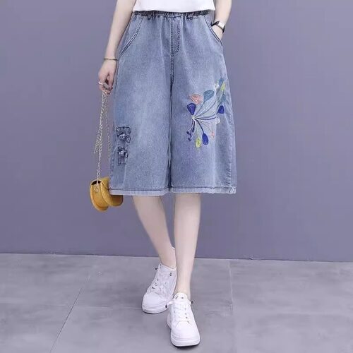 胖mm大码复古刺绣牛仔七分裤女2025夏季高腰显瘦宽松百搭阔腿裤子