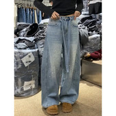 子女辣妹小众宽松慵懒松弛感拖地裤 美式 复古设计感烫钻拼接牛仔裤
