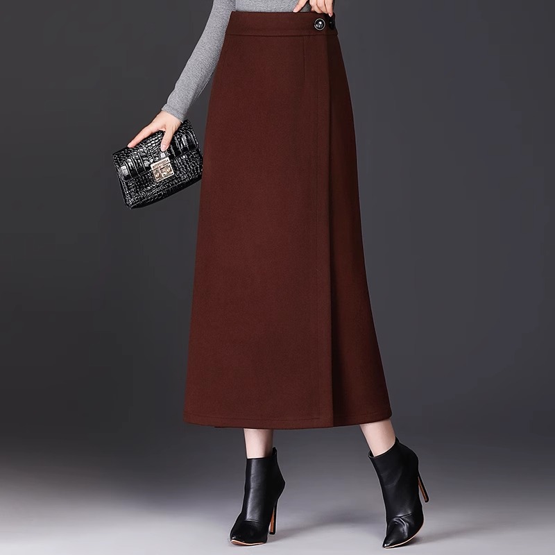 一片式毛呢半身裙春秋加厚冬裙中长款一步裙侧开叉包臀高腰A字裙