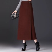 一片式 毛呢半身裙春秋加厚冬裙中长款 一步裙侧开叉包臀高腰A字裙