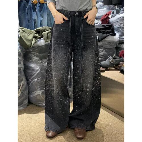 美式复古满天星烫钻拼接牛仔裤子女辣妹时尚宽松慵懒松弛感拖地裤