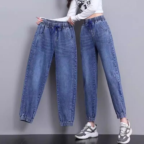松紧腰牛仔裤女2025春秋季新款工装裤显瘦宽松束脚哈伦萝卜老爹裤
