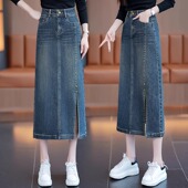 裙子春季 复古开叉牛仔半身裙女春秋2025年新款 高腰宽松直筒中长款