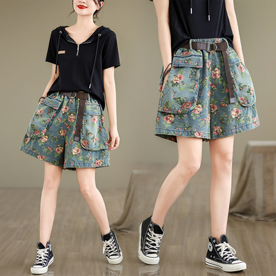 印花牛仔短裤女夏季大码胖mm
