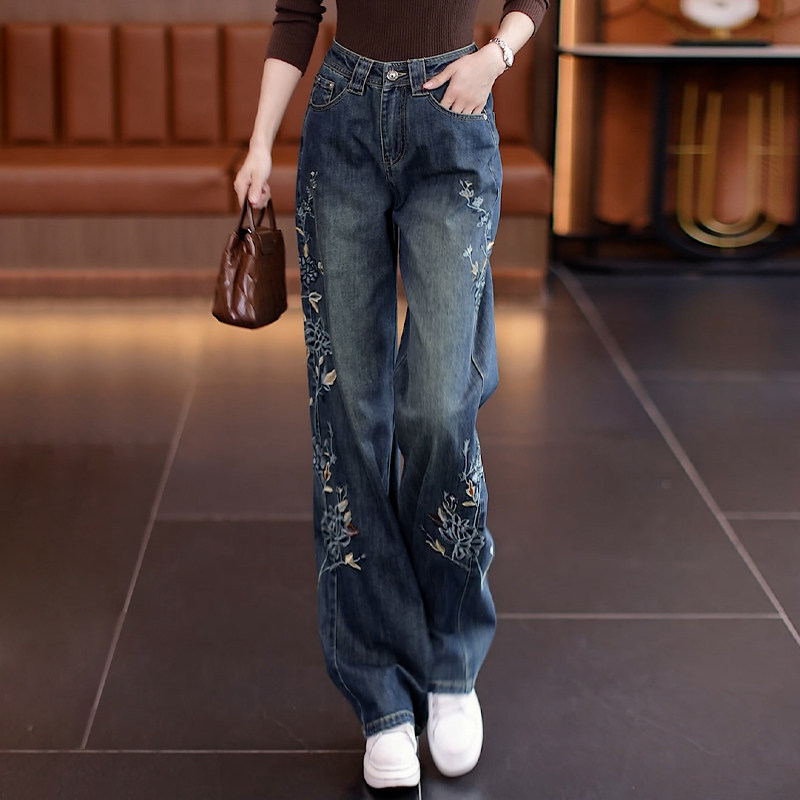 复古蓝窄版牛仔裤女2025年秋冬新款加厚加绒国风刺绣直筒阔腿长裤,女装/女士精品,牛仔裤,淘宝优惠券,粉丝福利购,淘宝优惠卷