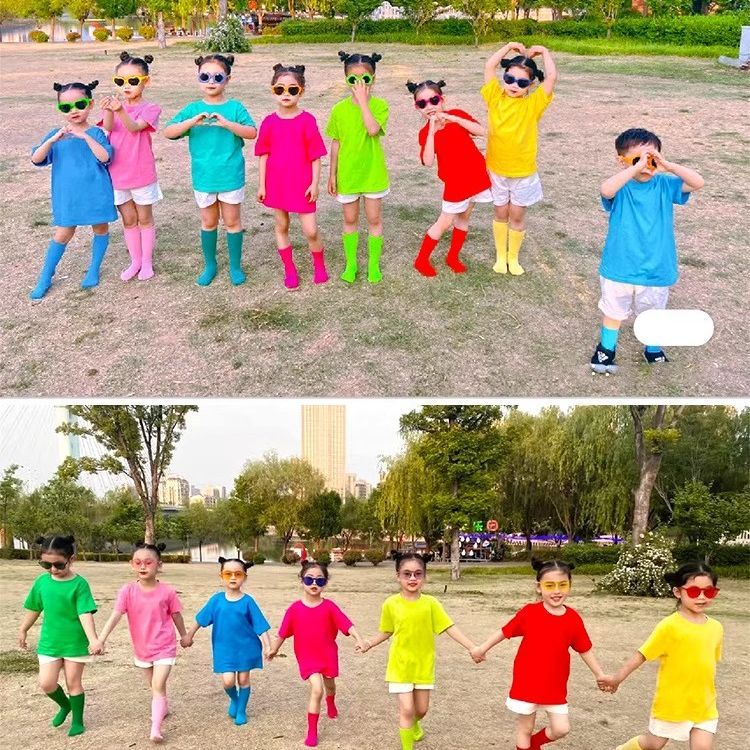 糖果色t恤六一儿童啦啦队演出服幼儿园舞蹈表演服装彩色短袖班服