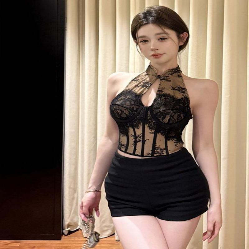 带胸垫吊带背心女新中式蕾丝镂空