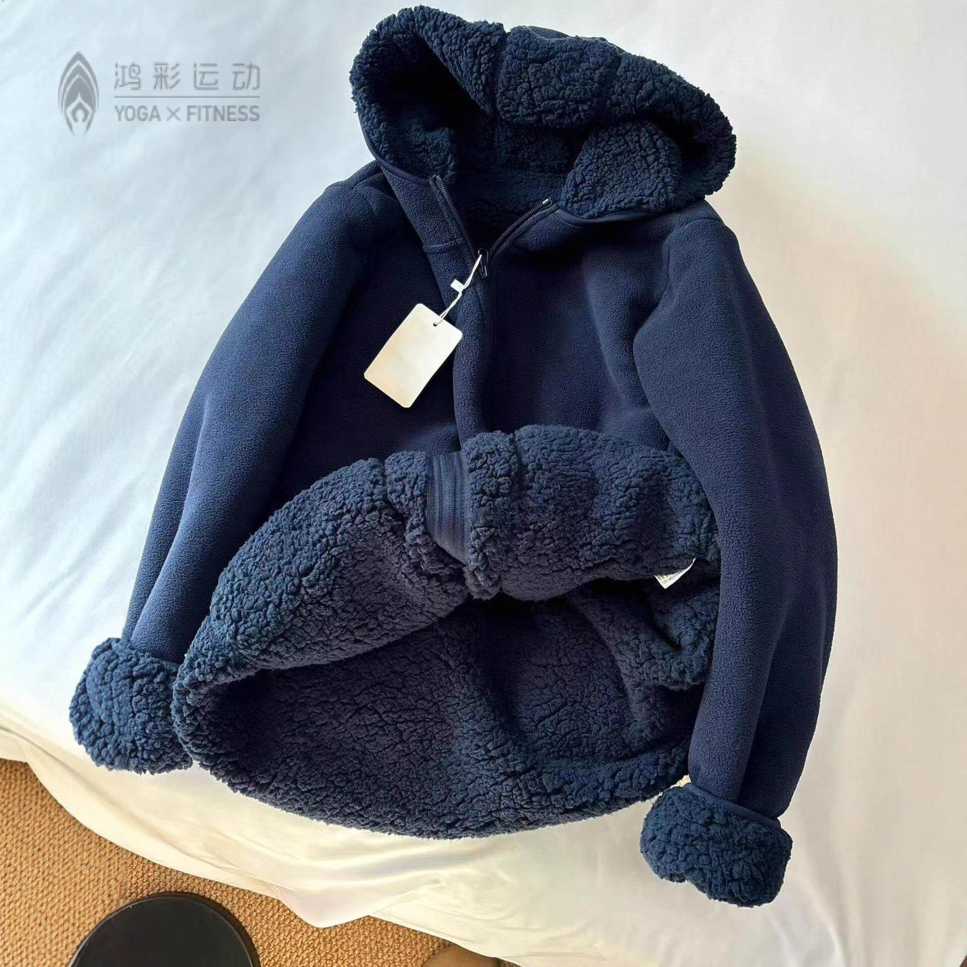 摇粒绒外套女秋冬加绒加厚连帽卫衣双面绒开衫内胆上衣棉服