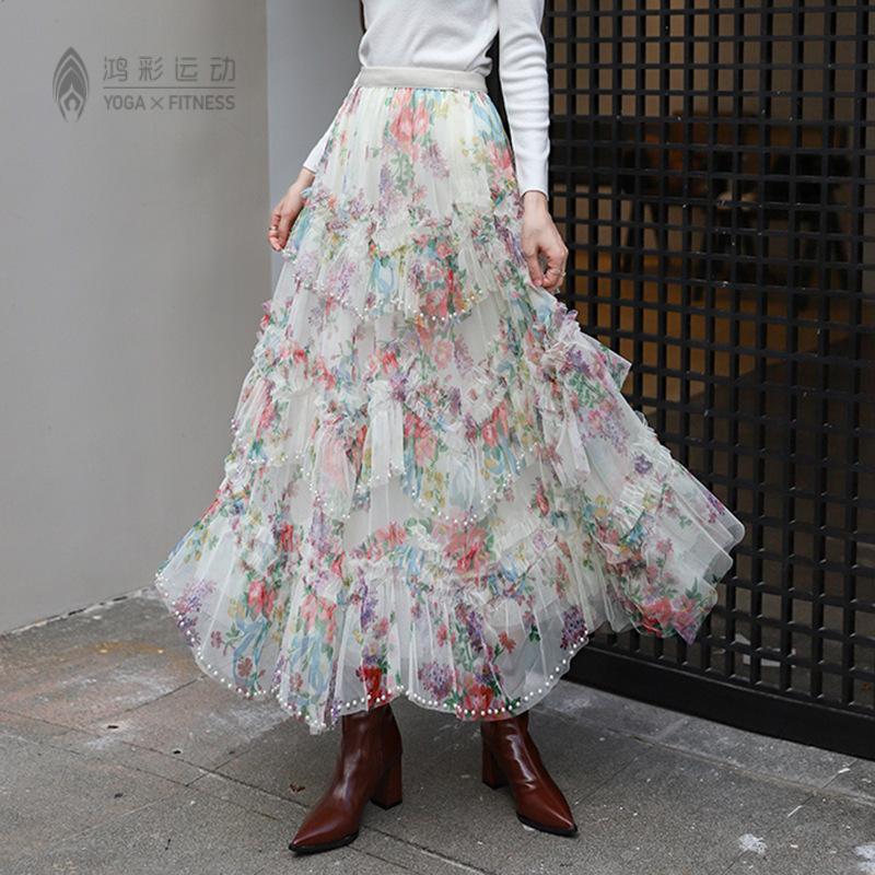 重工钉珠碎花蛋糕裙女高腰A字